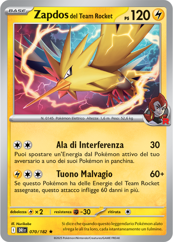 Zapdos del Team Rocket DRI 070/182 Holo - ITA - Near Mint - Scarlatto e Violetto - Rivali Predestinati - Carta Pokemon