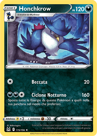 Honchkrow 115/196 Reverse Holo - ITA - Near Mint - Spada e Scudo - Origine Perduta - Carta Pokemon