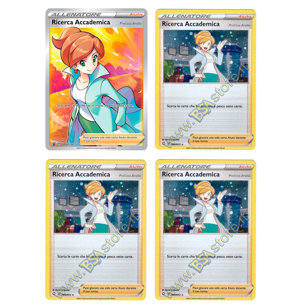 Ricerca Accademica Prof.ssa Aralia SWSH152 + 3 x 060/072 Holo Promo Collezione Torneo Premium Prof.ssa Aralia - ITA - Sigillate Mint - Spada e Scudo - Promo - Carta Pokemon