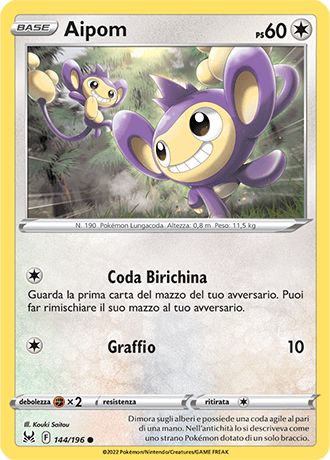 Aipom 144/196 Reverse Holo - ITA - Near Mint - Spada e Scudo - Origine Perduta - Carta Pokemon