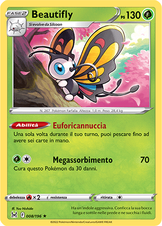 Beautifly 008/196 Reverse Holo - ITA - Near Mint - Spada e Scudo - Origine Perduta - Carta Pokemon