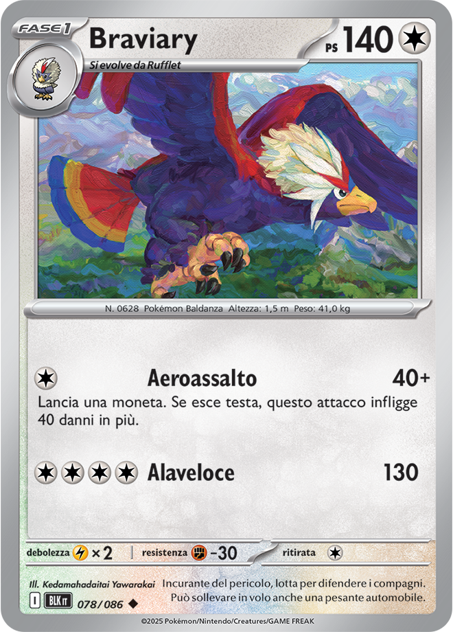 292Braviary BLK 078/086 Reverse Holo - ITA - Near Mint - Scarlatto e Violetto - Luce Nera - Carta Pokemon