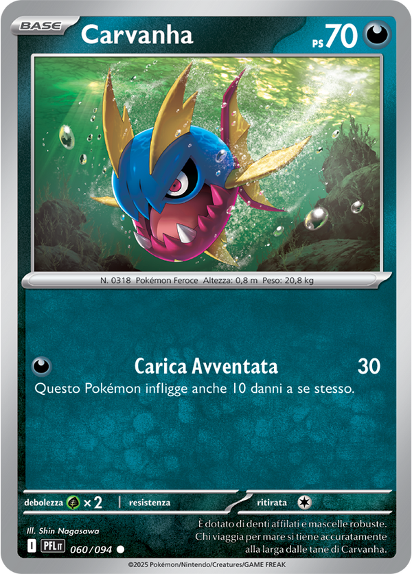 Carvanha PFL 060/094 Reverse Holo - ITA - Near Mint - Megaevoluzione - Fiamme Spettrali - Carta Pokemon