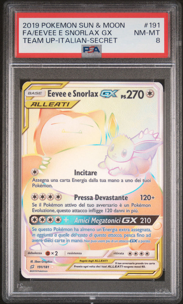Eevee e Snorlax GX 191/181 - ITA - Near Mint - Gradata PSA 8 - Sole e Luna - Gioco di Squadra - Carta Pokemon