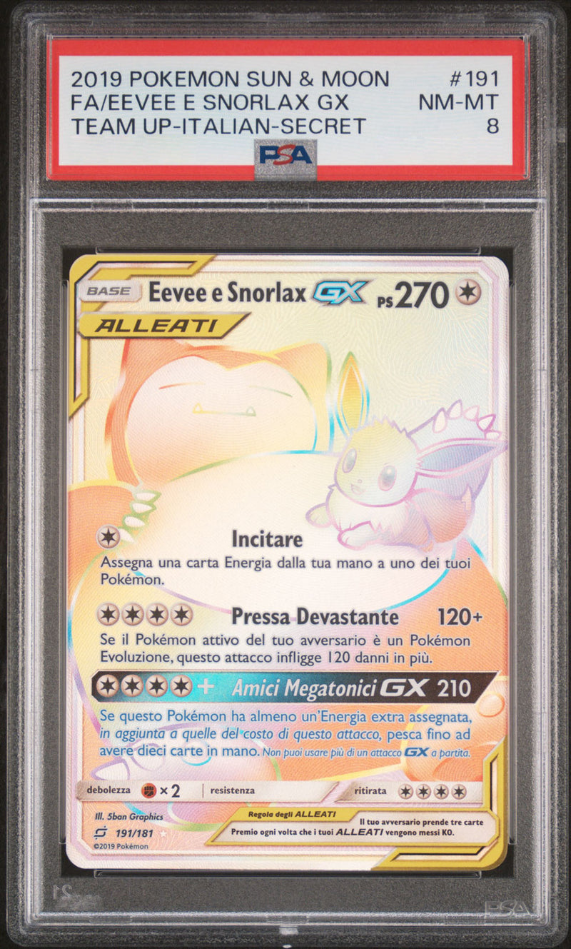 Eevee e Snorlax GX 191/181 - ITA - Near Mint - Gradata PSA 8 - Sole e Luna - Gioco di Squadra - Carta Pokemon