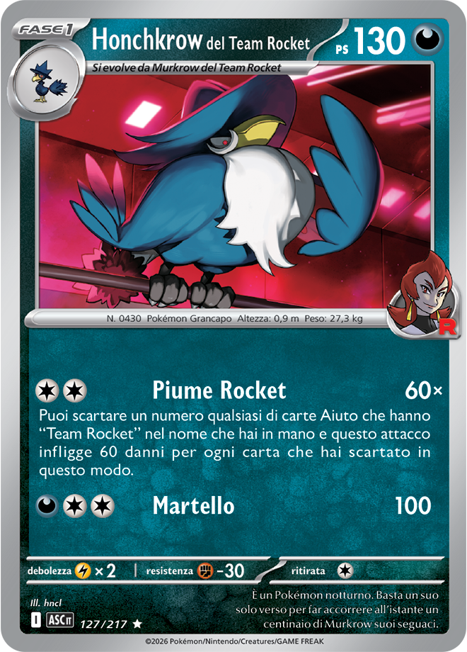 Honchkrow del Team Rocket ASC 127/217 Rara Holo - ITA - Near Mint - Megaevoluzione - Ascesa Eroica - Carta Pokemon