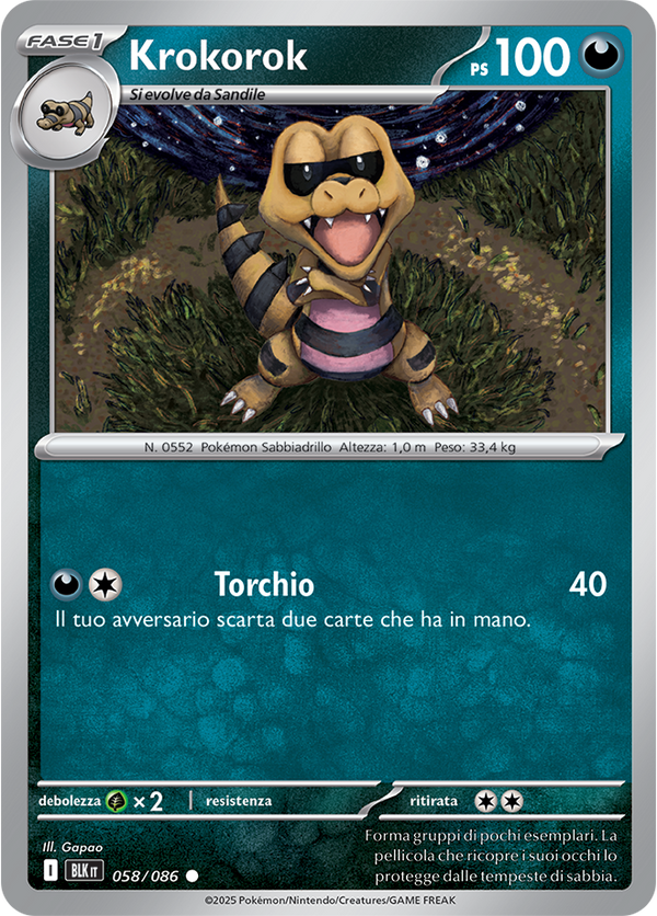 215Krokorok BLK 058/086 Reverse Holo - ITA - Near Mint - Scarlatto e Violetto - Luce Nera - Carta Pokemon