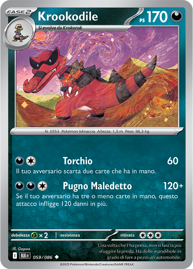 Krookodile BLK 059/086 Reverse Holo Master Ball - ITA - Near Mint - Scarlatto e Violetto - Luce Nera - Carta Pokemon