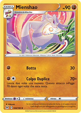 Mienshao 104/196 Reverse Holo - ITA - Near Mint - Spada e Scudo - Origine Perduta - Carta Pokemon