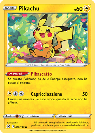 Pikachu 052/196 Reverse Holo - ITA - Near Mint - Spada e Scudo - Origine Perduta - Carta Pokemon