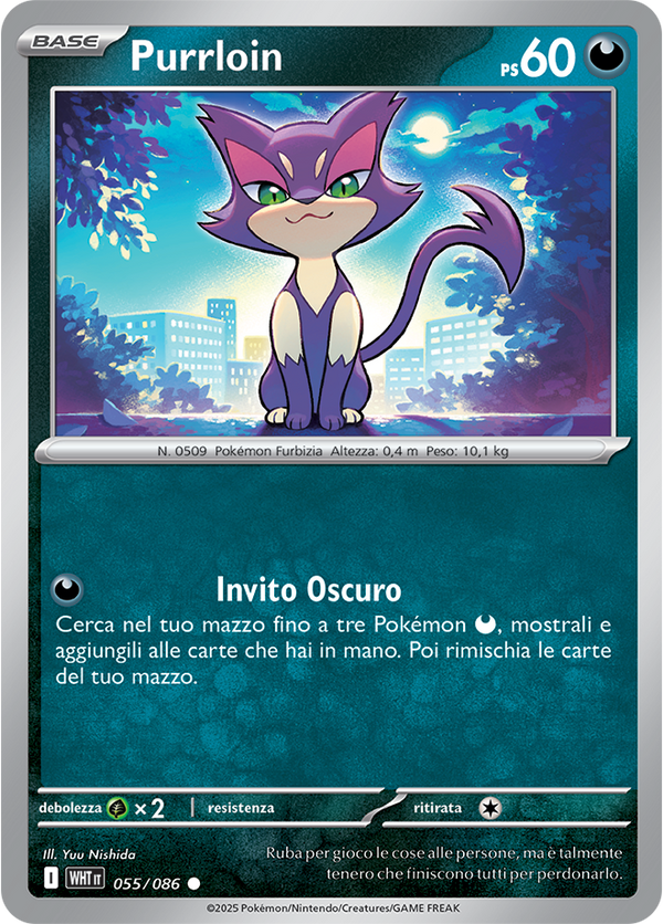 Purrloin WHT 055/086 Reverse Holo Poke Ball - ITA - Near Mint - Scarlatto e Violetto - Fuoco Bianco - Carta Pokemon