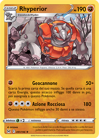 Rhyperior 091/196 Reverse Holo - ITA - Near Mint - Spada e Scudo - Origine Perduta - Carta Pokemon