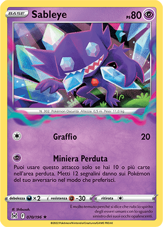 Sableye 070/196 Holo - ITA - Near Mint - Spada e Scudo - Origine Perduta - Carta Pokemon