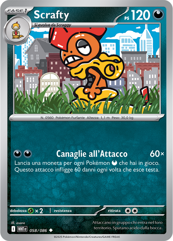 Scrafty WHT 058/086 Reverse Holo - ITA - Near Mint - Scarlatto e Violetto - Fuoco Bianco - Carta Pokemon
