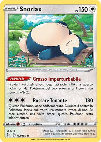 Snorlax 143/196 Holo - ITA - Near Mint - Spada e Scudo - Origine Perduta - Carta Pokemon