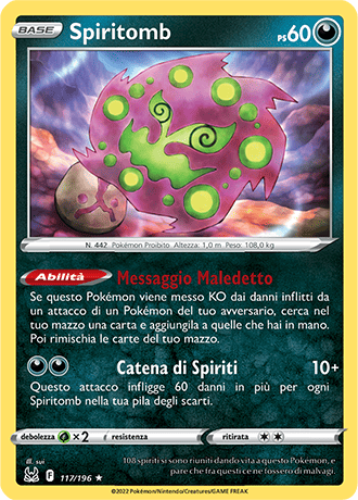 Spiritomb 117/196 Reverse Holo - ITA - Near Mint - Spada e Scudo - Origine Perduta - Carta Pokemon